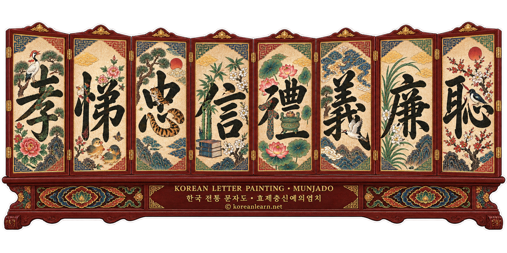 # Korean Traditional Munjado Sticker – Hyo, Je, Chung, Shin, Ye, Ui, Yeom, Chi Folk Art Sticker  # 한국 전통 문자도 스티커 – 효제충신예의염치 민화 아트 스티커