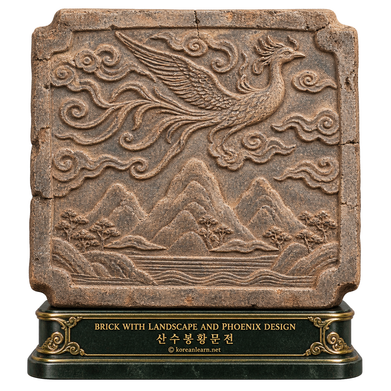 # Brick with Landscape and Phoenix Design – A Masterpiece of Baekje Landscape Art  # 산수봉황문전 – 백제인의 자연관과 봉황을 담은 고대 회화적 벽돌의 걸작