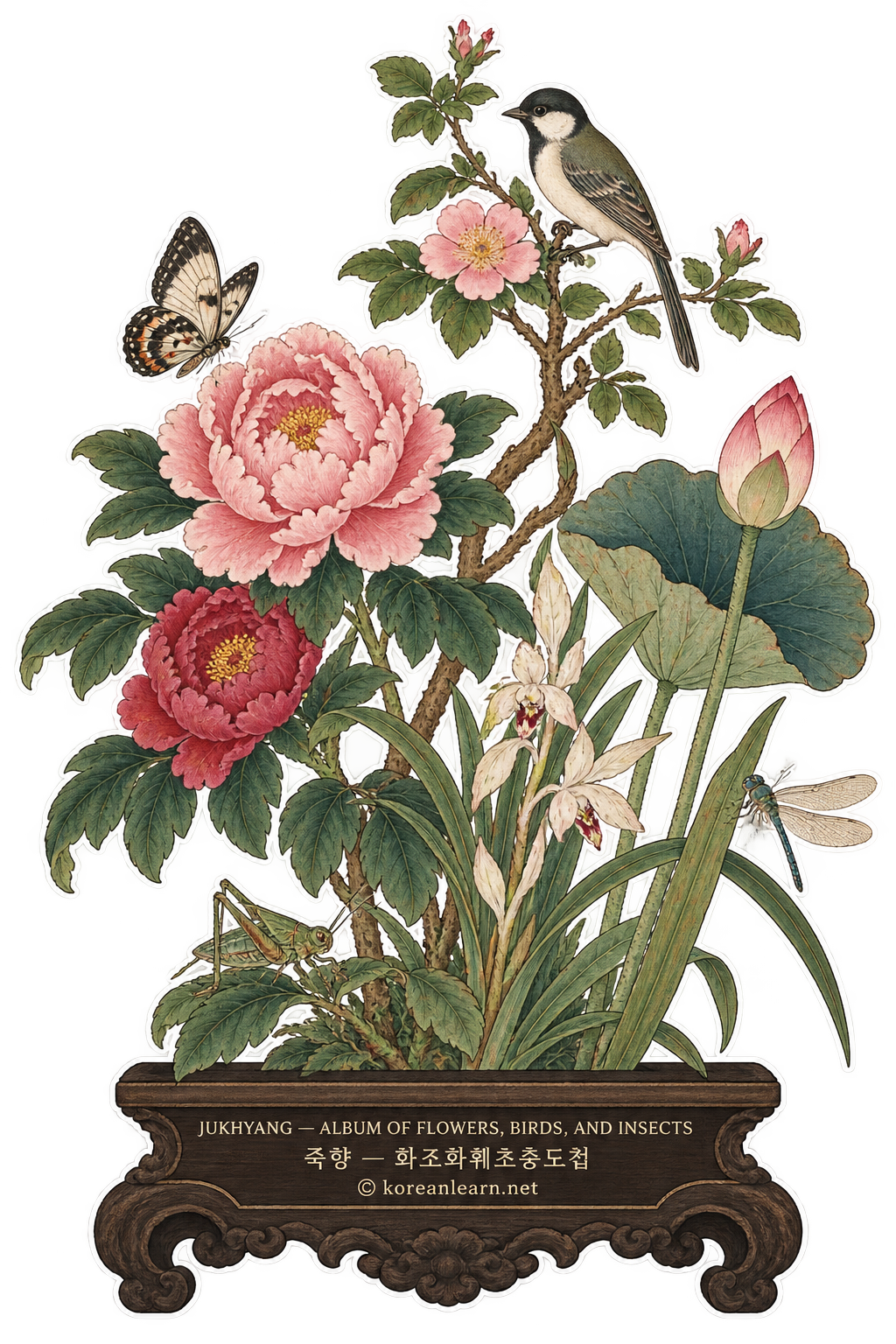 # 🇺🇸 Jukhyang *Album of Flowers, Birds, Plants and Insects* Sticker – A Rare 19th-Century Korean Woman Painter’s Masterpiece  # 🇰🇷 죽향 《화조화훼초충도첩》 스티커 – 19세기 조선 여성화가의 섬세한 꽃·새·풀벌레 회화