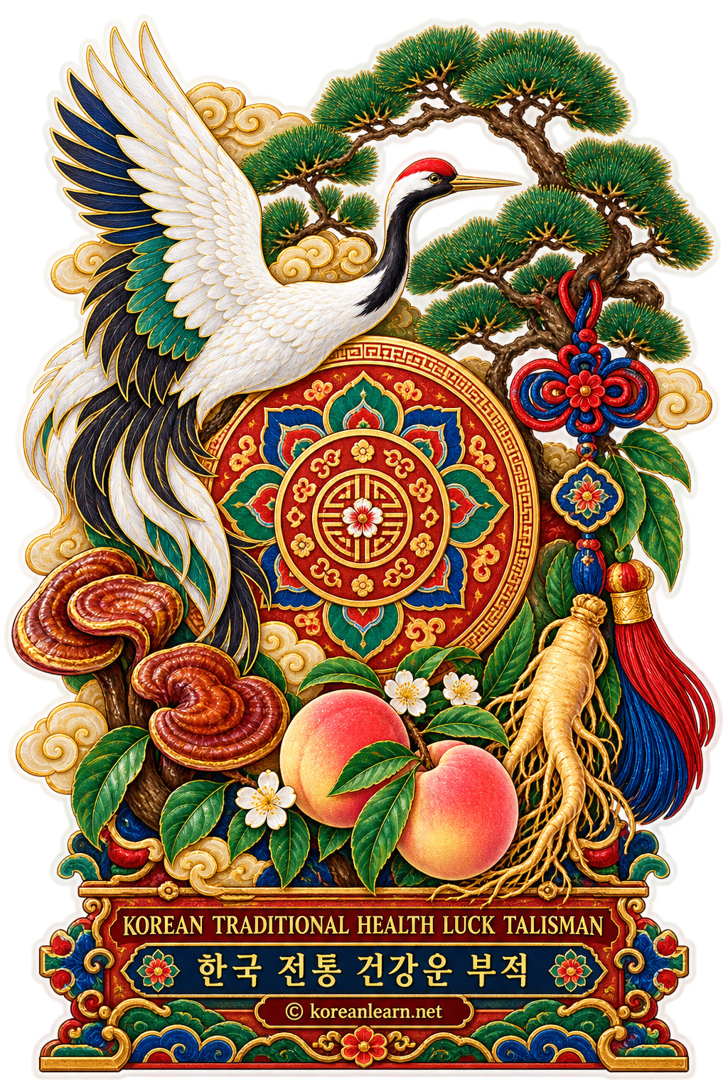 # 학·소나무·영지버섯·복숭아·인삼 한국 전통 건강운 부적 투명 스티커 | Korean Traditional Health & Longevity Talisman Sticker with Crane, Pine, Lingzhi, Peach & Ginseng | 鶴・松・霊芝・桃・高麗人参 韓国伝統の健康運・長寿お守りステッカー |