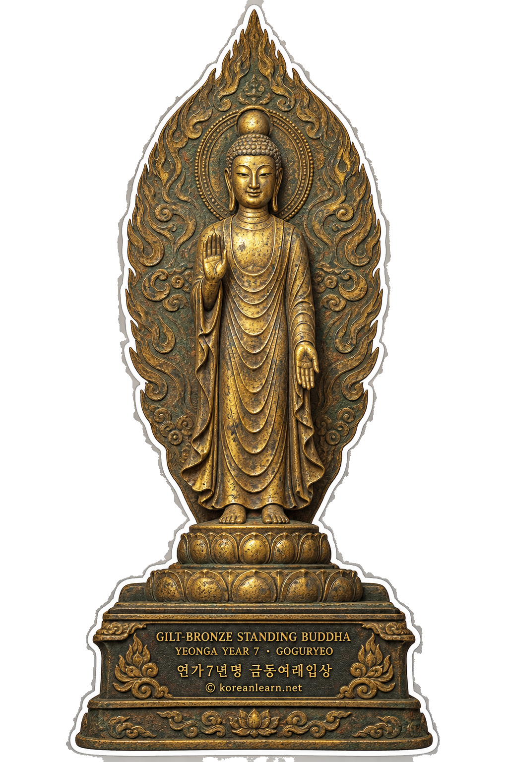 # Gilt-bronze Standing Buddha with Inscription of the Seventh Yeonga Year Sticker – A 539 Goguryeo Buddhist Masterpiece  # 연가7년명 금동여래입상 스티커 – 539년 고구려 불교조각의 힘과 미소를 담은 국보
