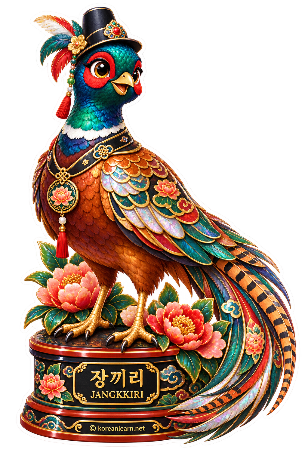 # 장끼리 한국 민화 모란 장끼 수호조 투명 스티커 | Jangkkiri Korean Folk-Painting Pheasant Guardian Transparent Sticker | 韓国民画の牡丹キジ守護鳥「チャンキリ」透明ステッカー | 韩国民画牡丹锦鸡守护鸟“长雉利”透明贴纸