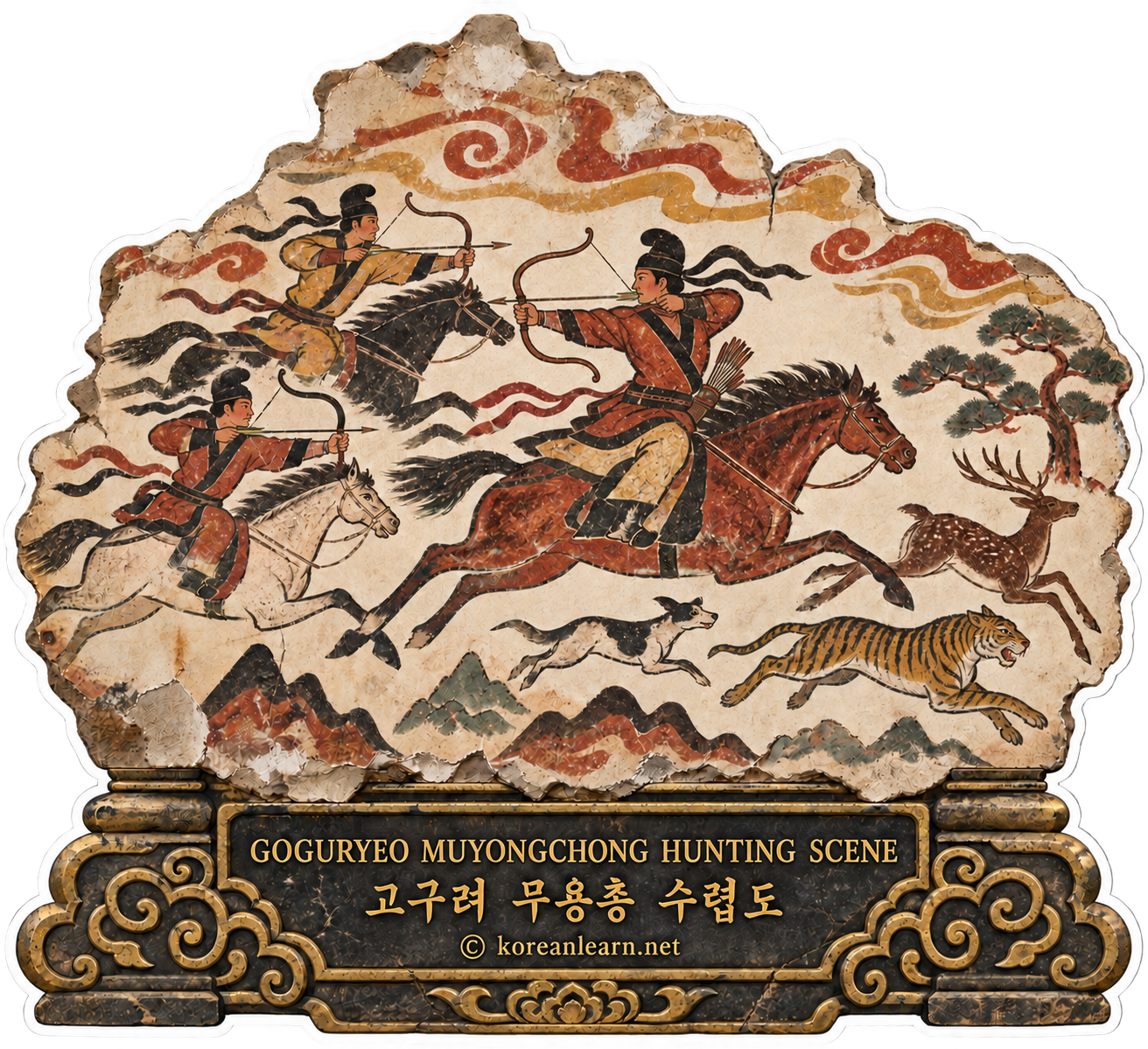 # Goguryeo Muyongchong Hunting Scene Sticker – Dynamic Ancient Korean Mural Art of Riders, Tigers and Deer  # 고구려 무용총 수렵도 스티커 – 기마인물과 맹수, 사슴이 질주하는 고구려 벽화예술의 걸작
